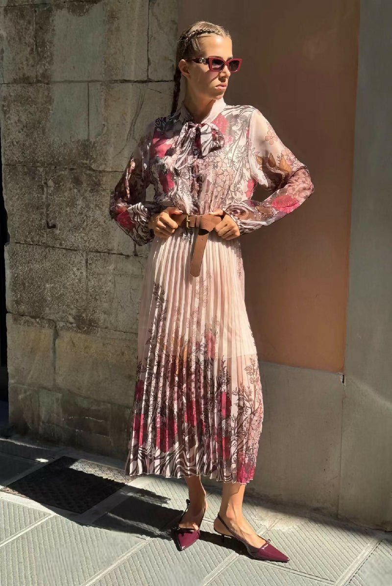 Pleated Long Floral Print Dress
