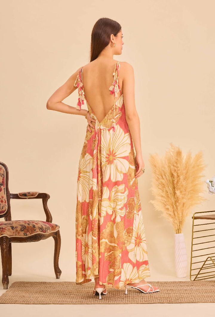 Long bohemian silk backless dress - Earth