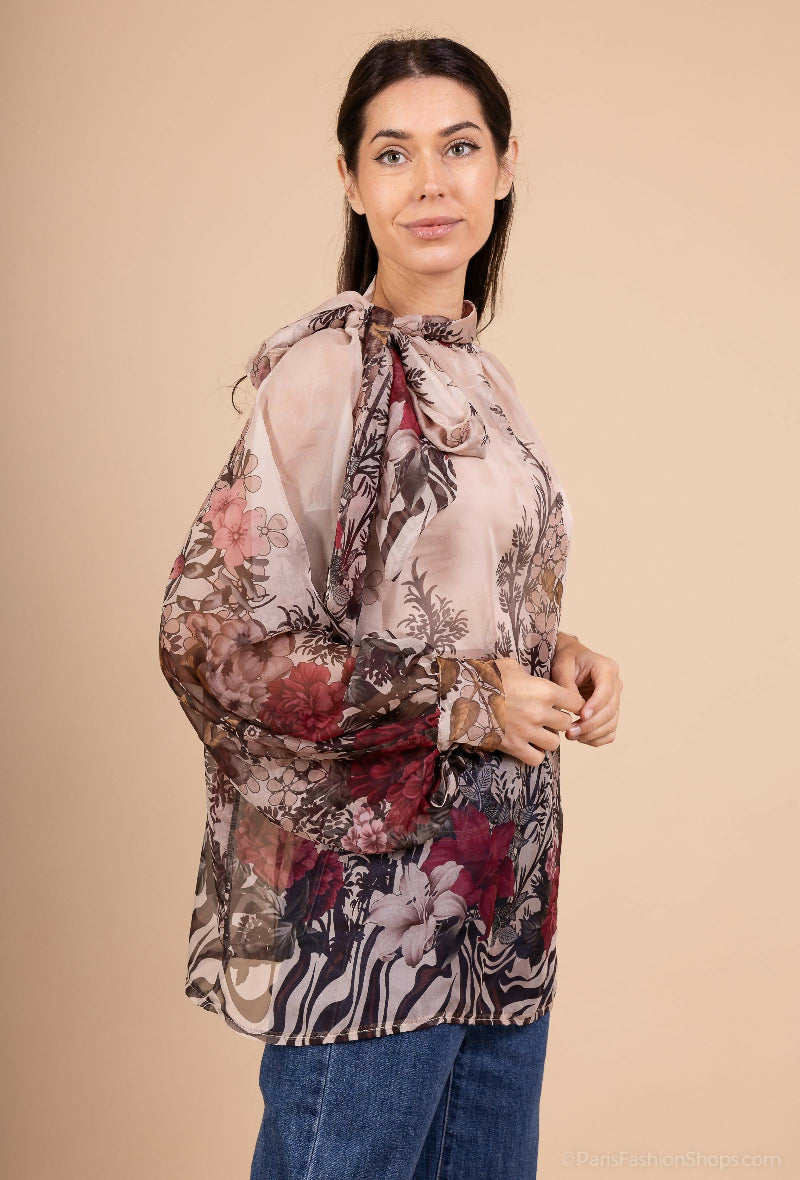 Floral Print Chiffon Blouse with Bow
