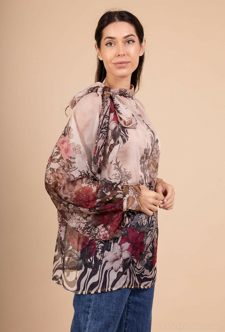 Floral Print Chiffon Blouse with Bow