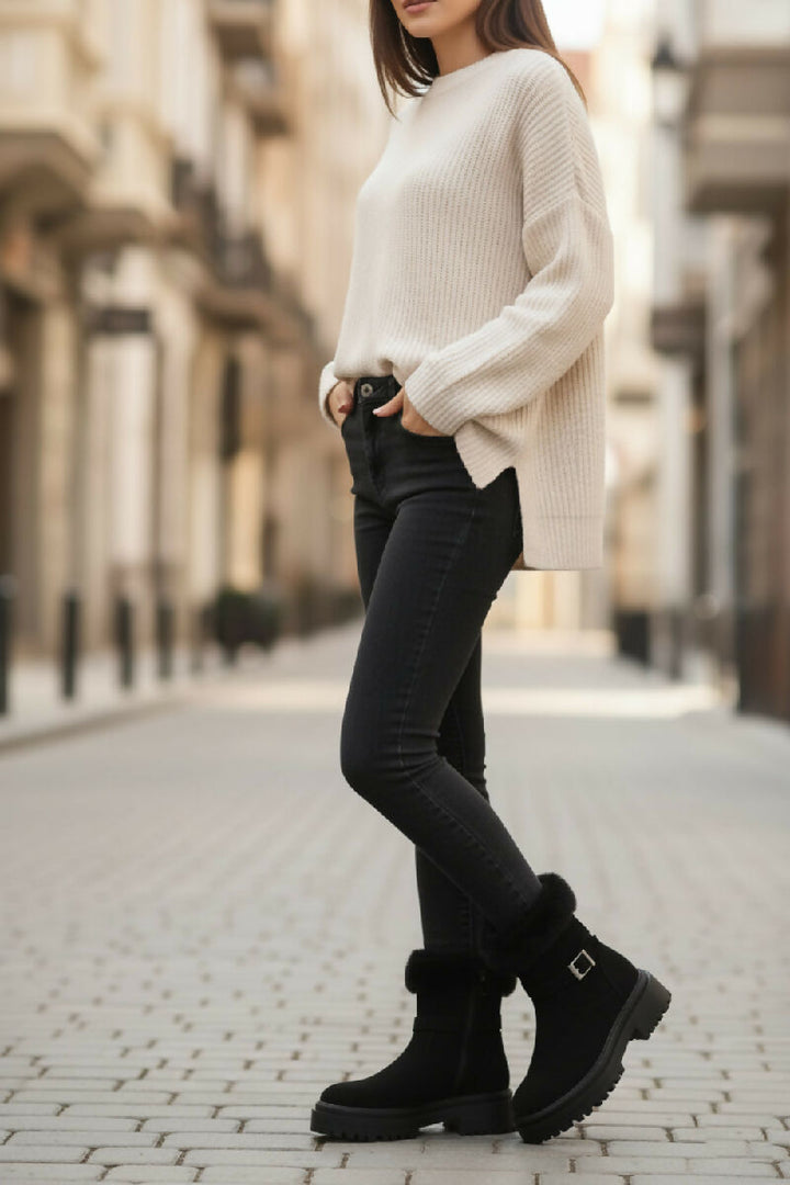 Black Faux Fur Collar Buckle Ankle Boot (PACK OF 12 PAIRS UK3-UK8) - jqwholesale.com