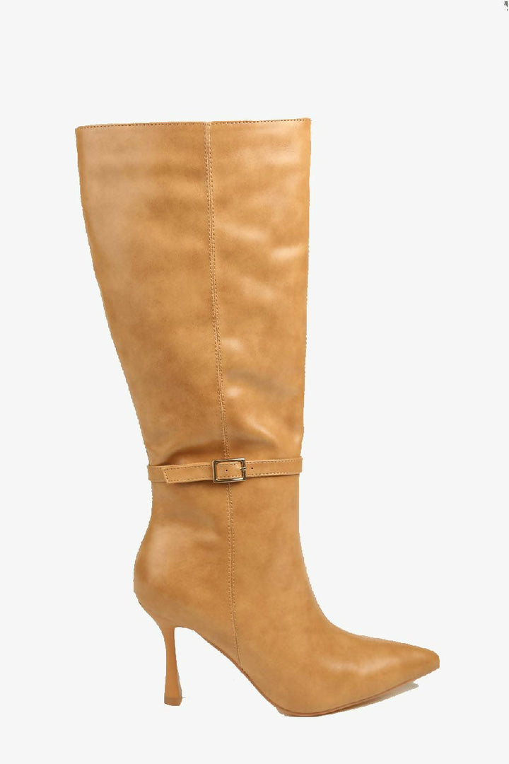 Buckle Detail Stiletto Heel Pointed Toe Knee High Boots In Camel (PACK OF 12 PAIRS UK3-UK8) - jqwholesale.com