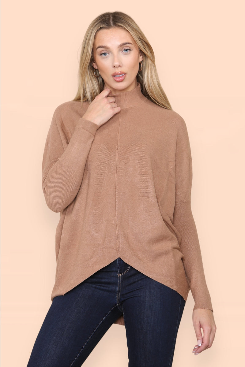 High Low Turtle Neck Ribbed Knit Jumper - jqwholesale.com