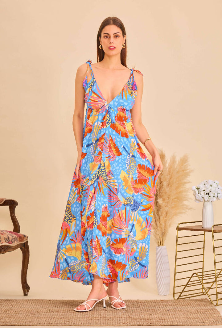 Long bohemian silk backless dress - Blue