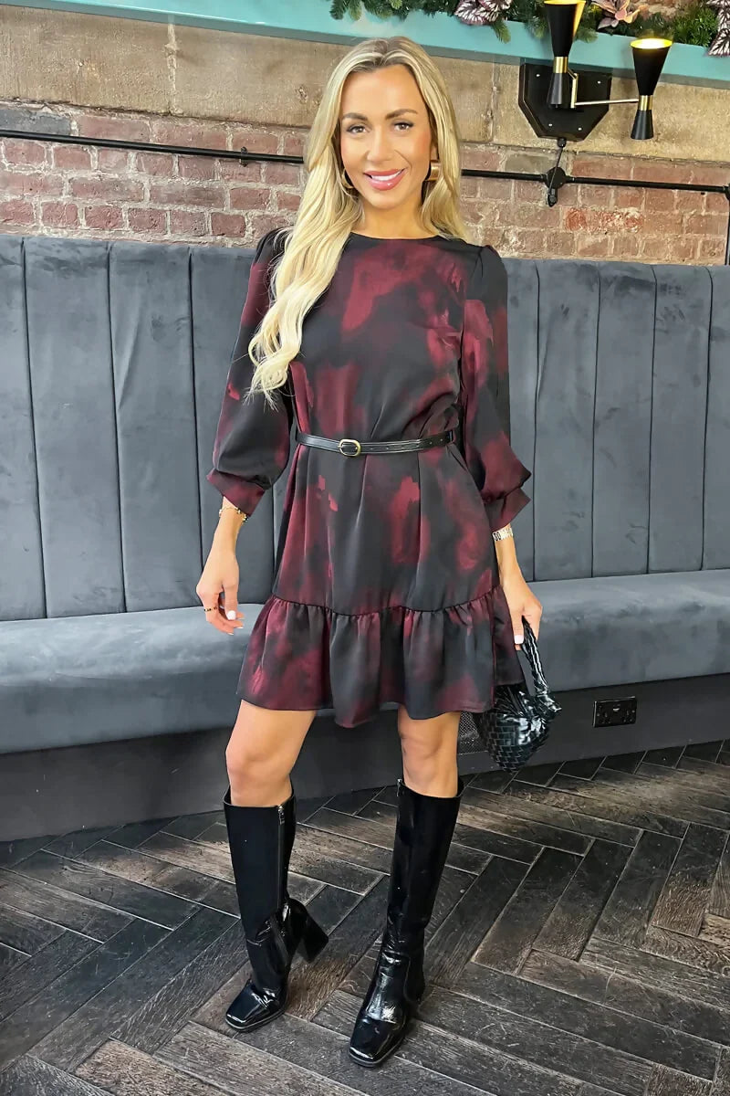 1752848517_Plum-And-Black-Smudge-Print-Frill-Hem-Belted-Mini-Dress-2_800x