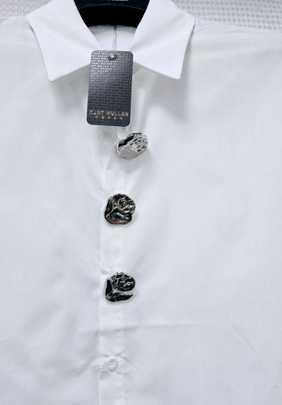 Textured Silver Button Curve Hem Cotton Shirt (2P.PACK) - jqwholesale.com