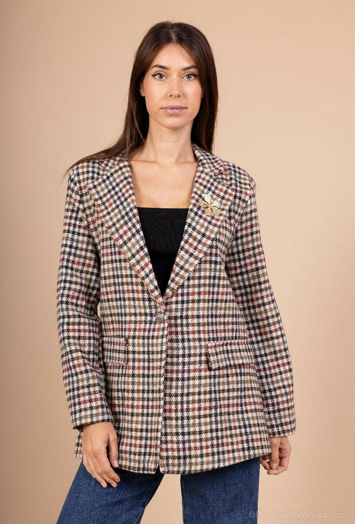 Plaid Blazer with Brooch