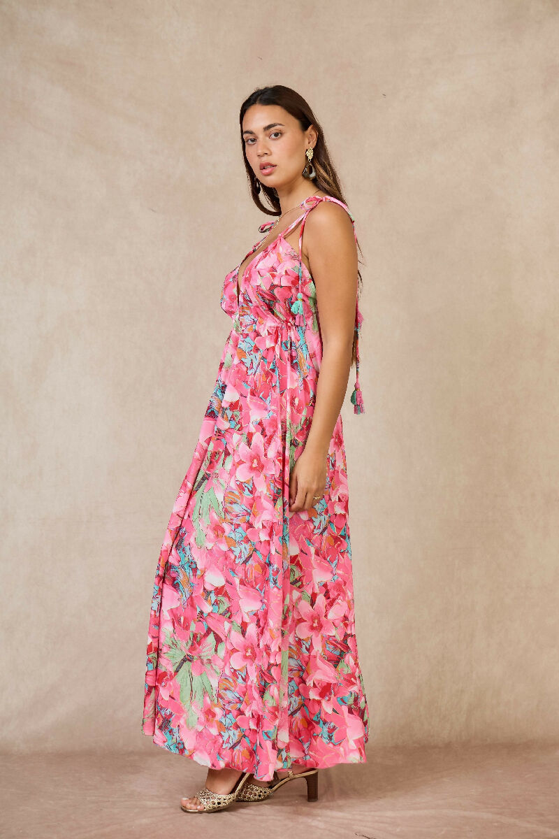 Long bohemian silk backless dress - Pink