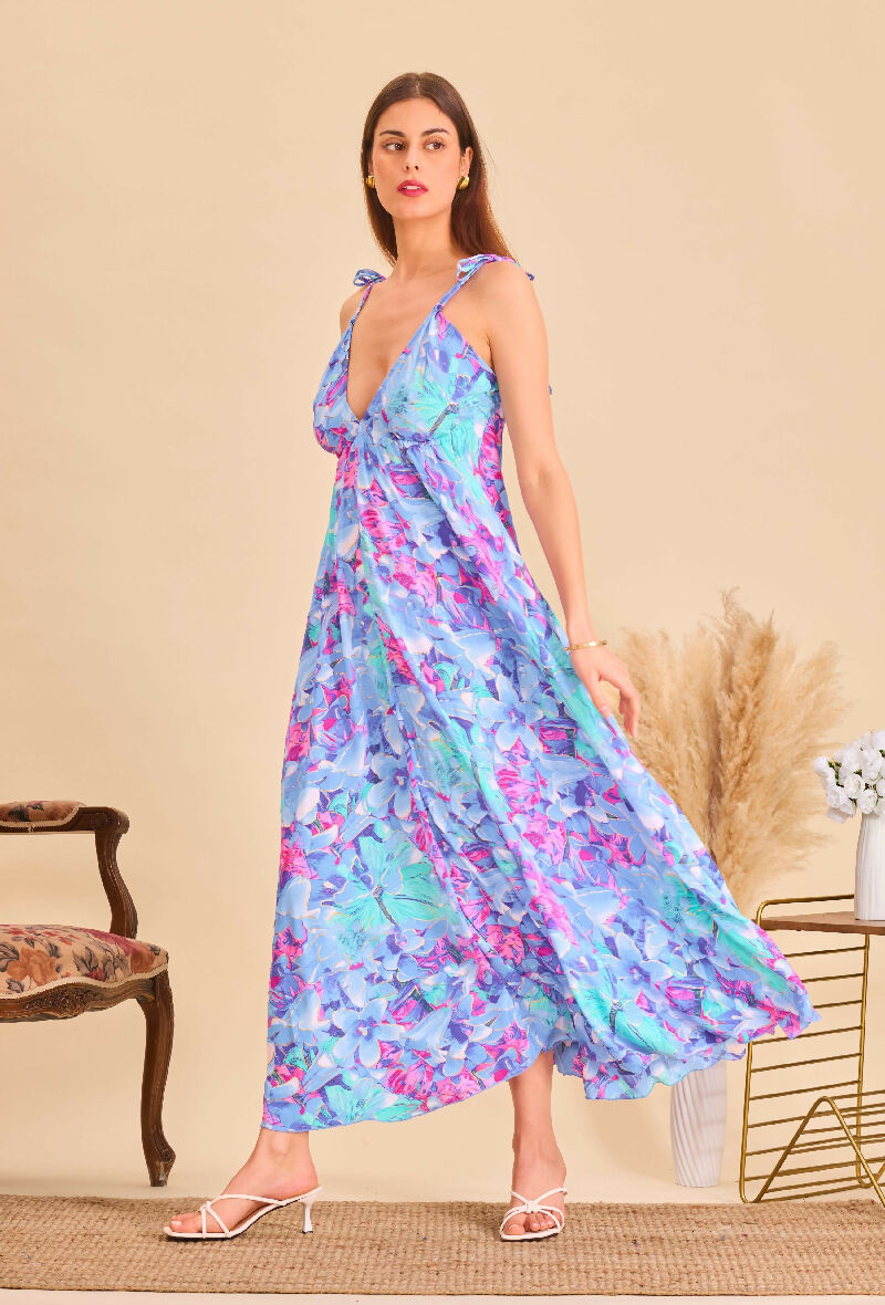 Long bohemian silk backless dress - Blue