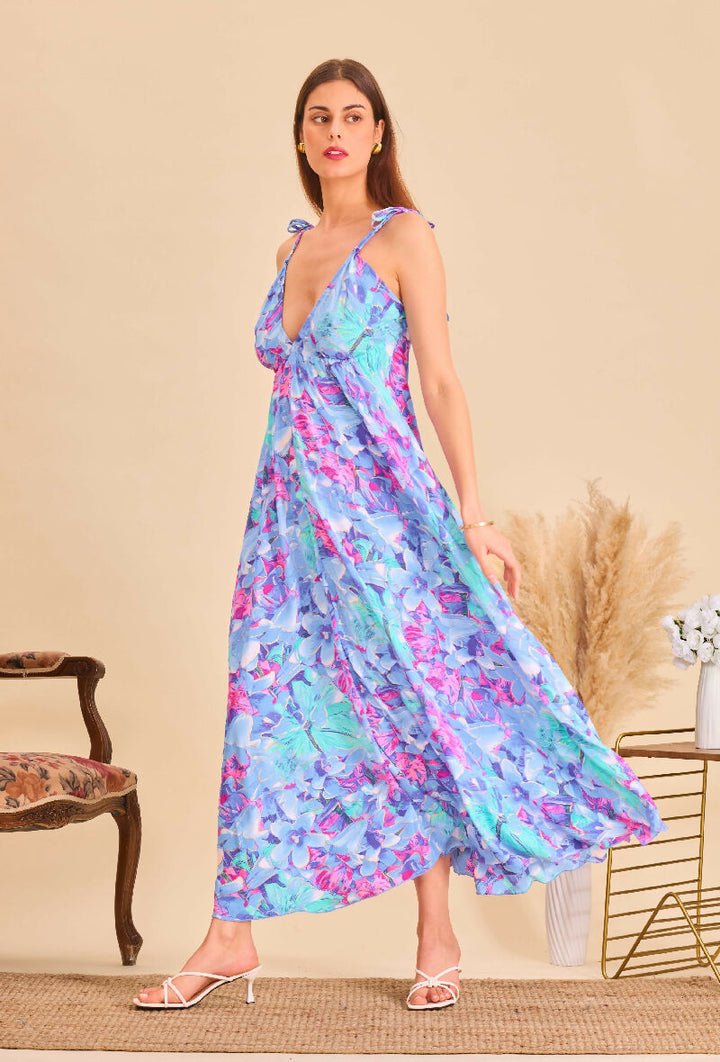 Long bohemian silk backless dress - Blue