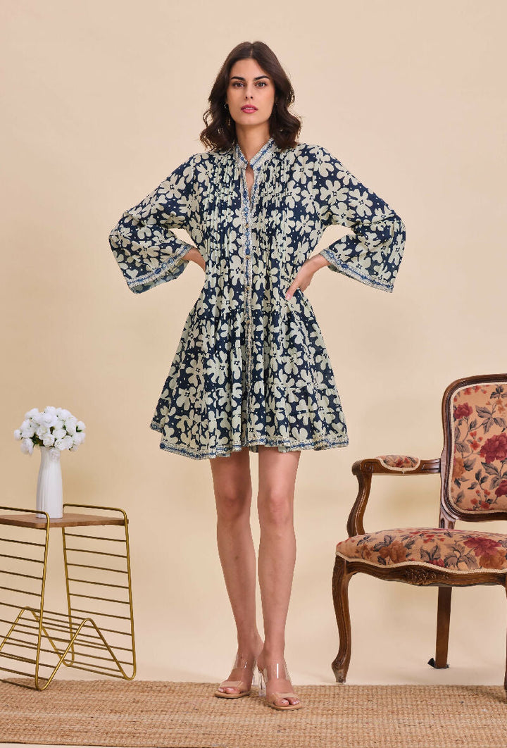 Short A-line dress in printed cotton- Navy