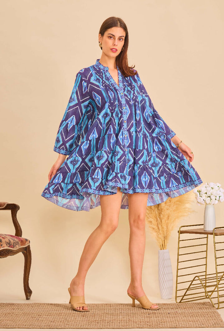 Short A-line dress in printed cotton- Navy