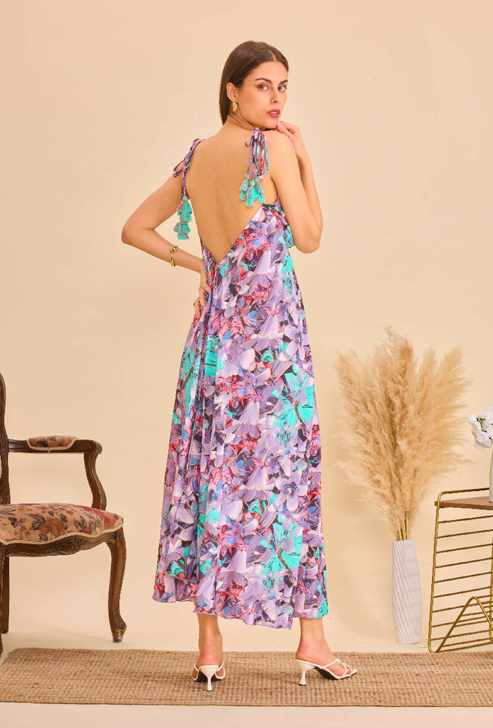 Long bohemian silk backless dress - Gray