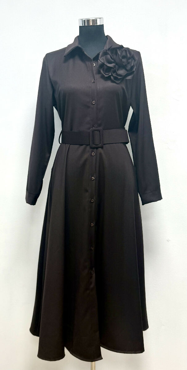 Brown Midi Shirt Dress with Flower Detail