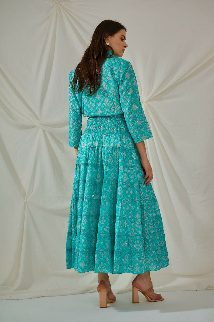 Bohemian long cotton smocked skirt- Turquoise