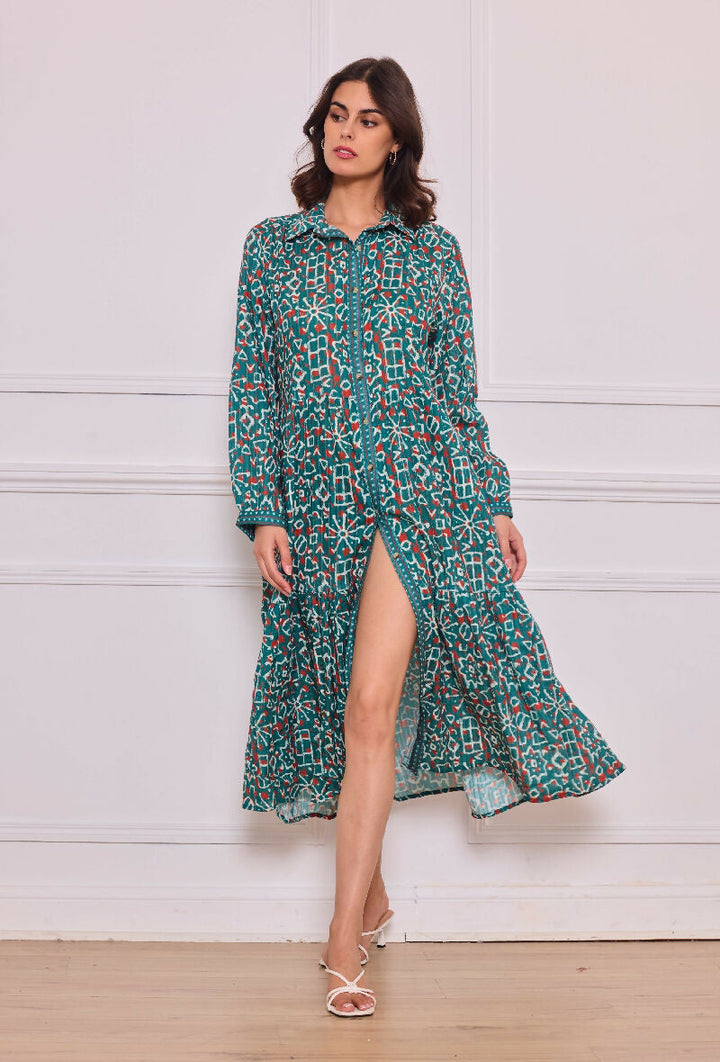 Mid-length cotton shirt dress - Green