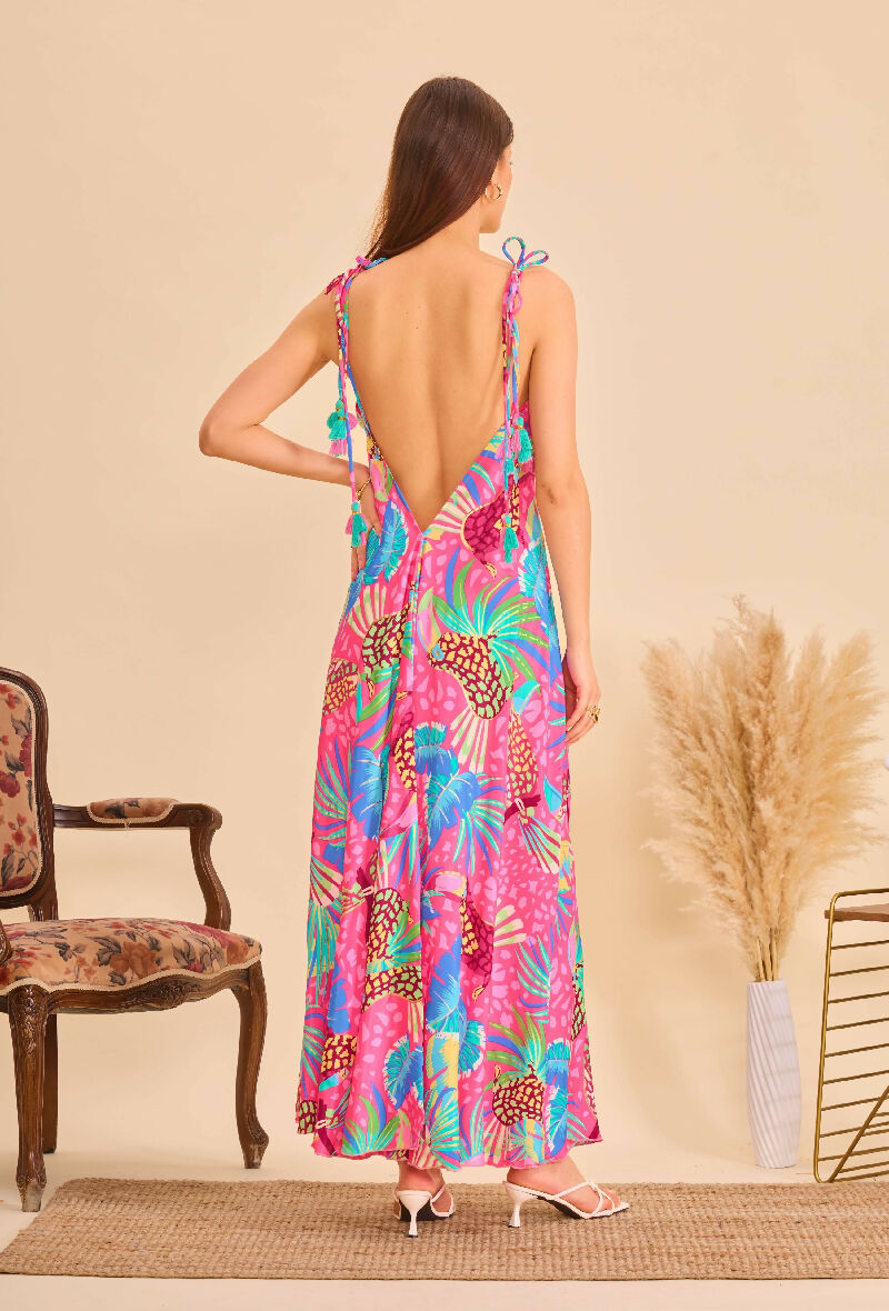 Long bohemian silk backless dress - Bleu/Pink