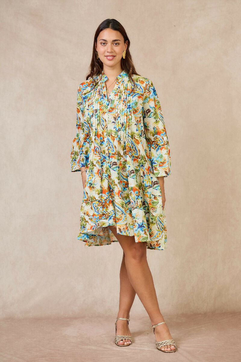 Short A-line dress in printed cotton- Green