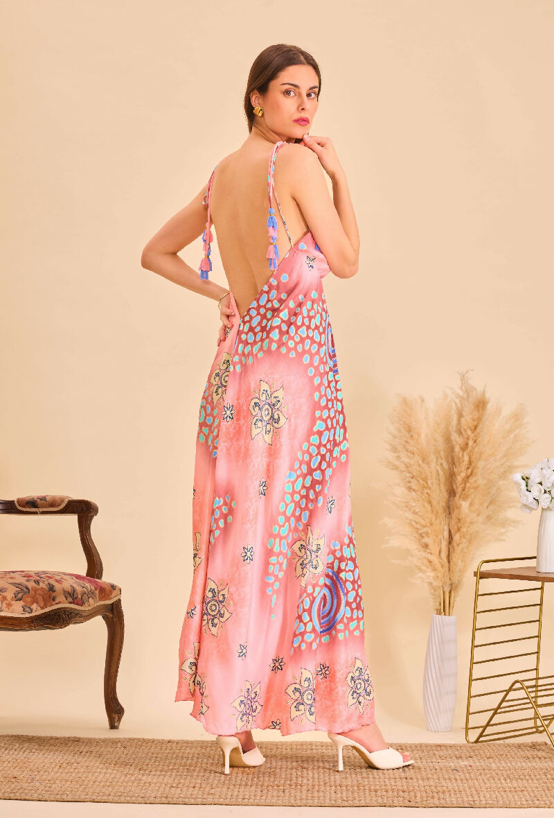 Long bohemian silk backless dress - Pink