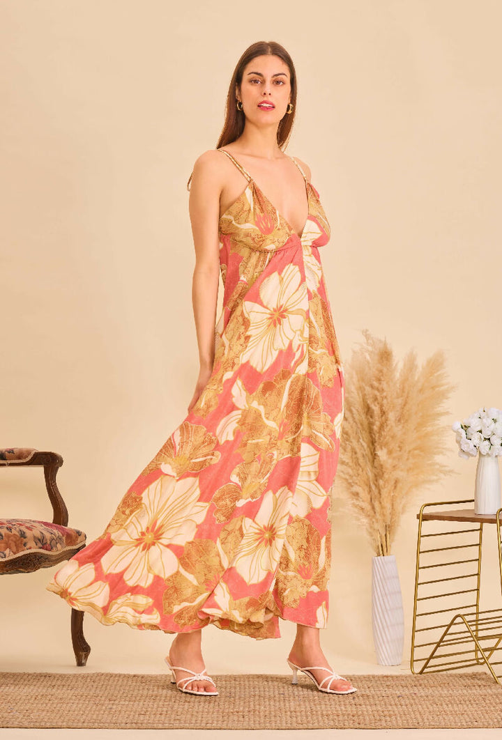 Long bohemian silk backless dress - Earth