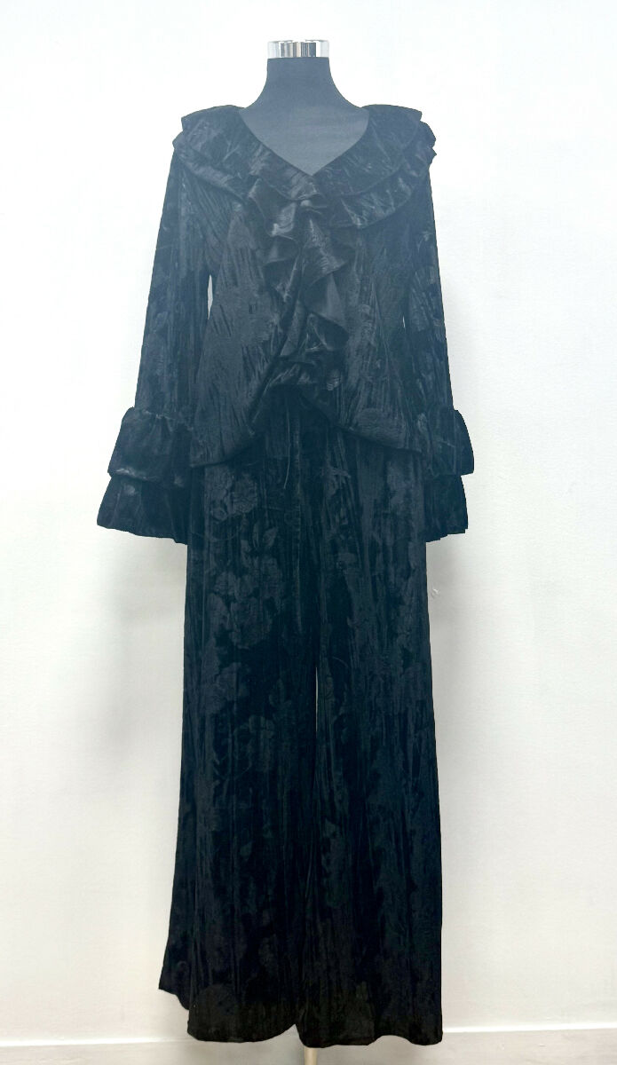 Embroidered Velvet Ruffle Blouse