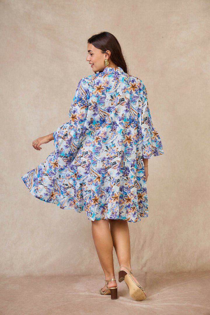 Short A-line dress in printed cotton- Purpel