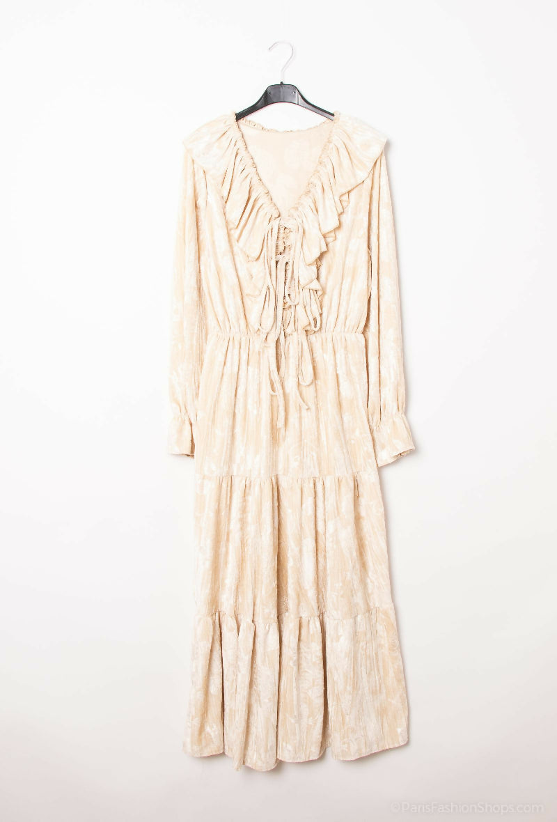 Long Pleated Velvet Ruffle Dress