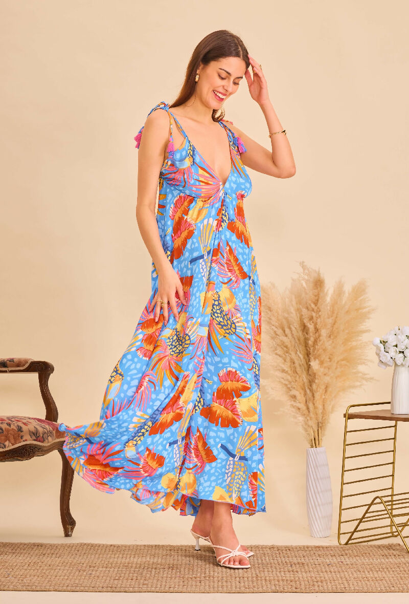 Long bohemian silk backless dress - Blue