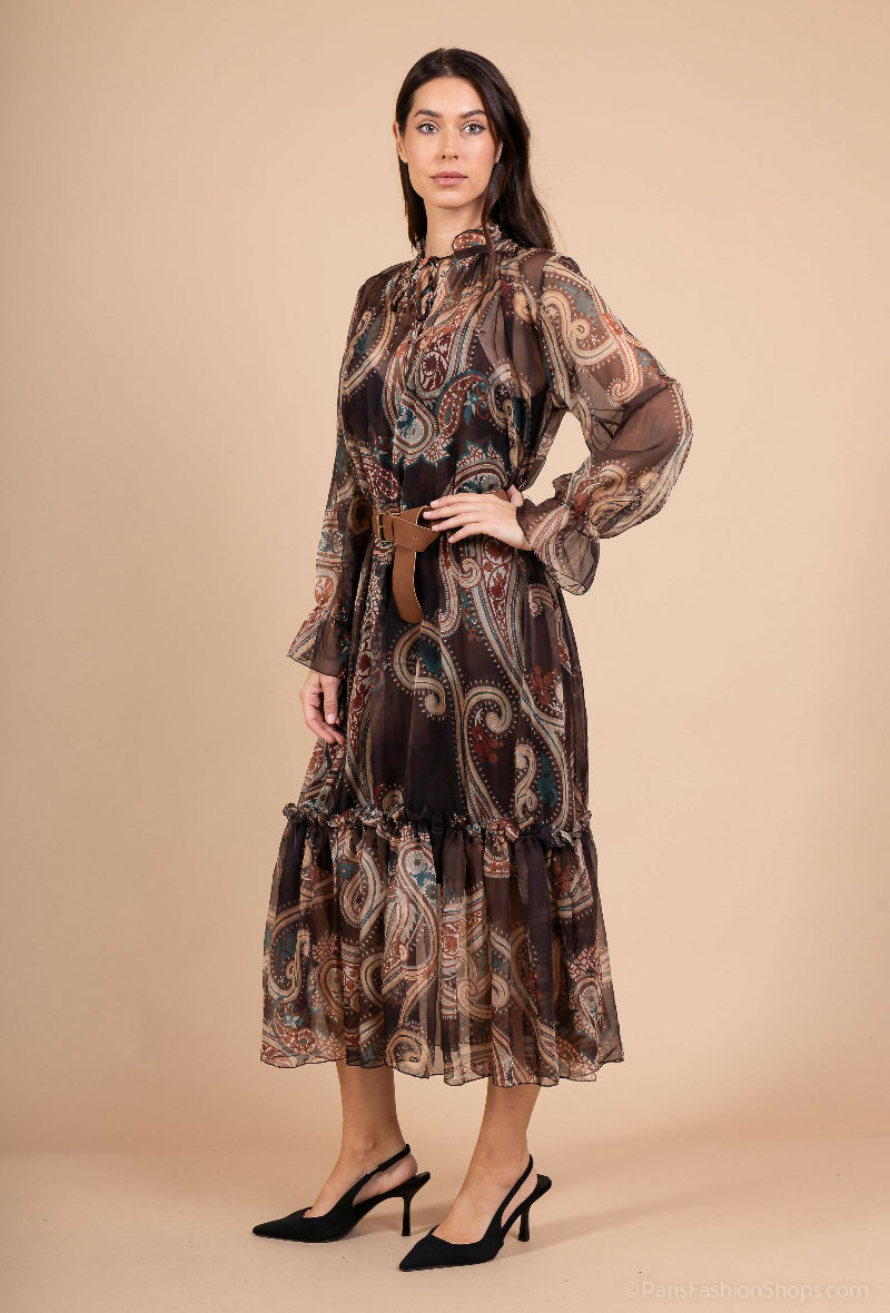 Printed Chiffon Maxi Dress with Belt