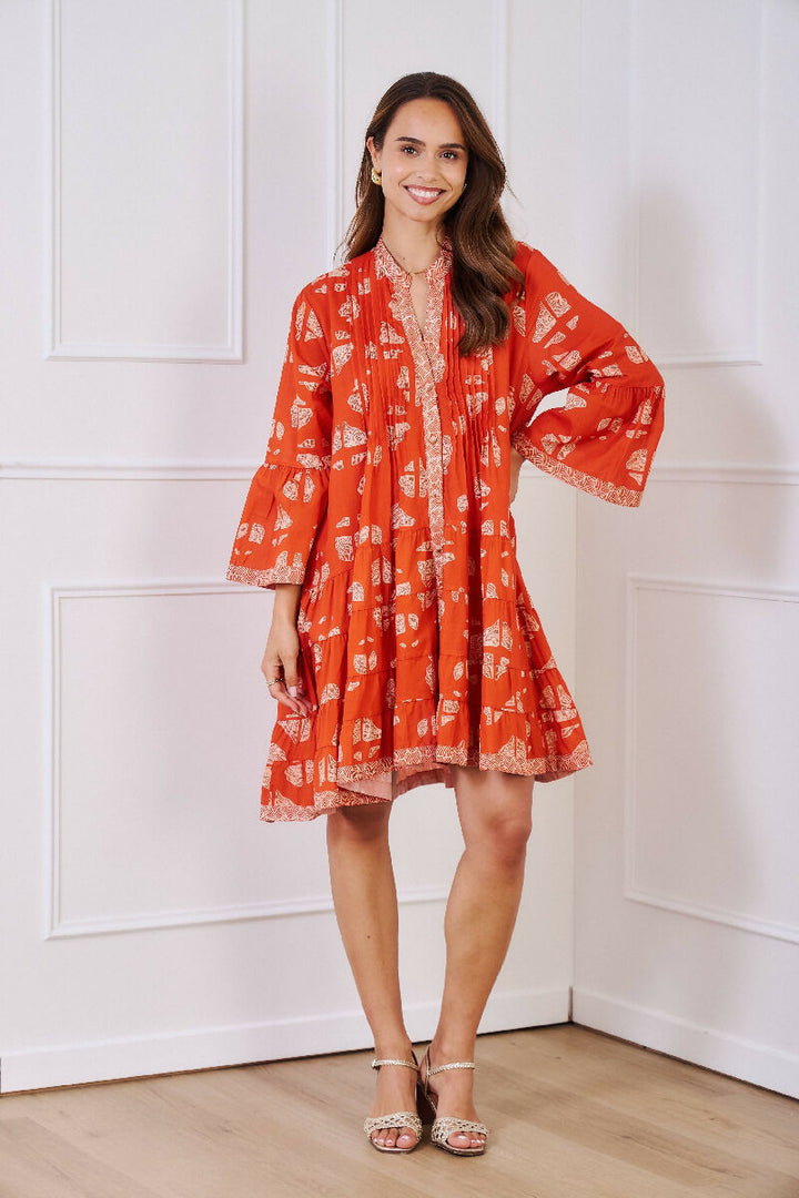 Short A-line dress in printed cotton- Orange