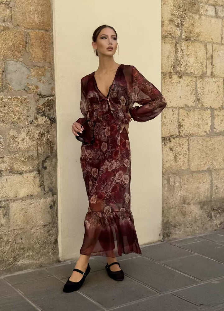 Floral Chiffon Maxi Dress with Ruffle Detail