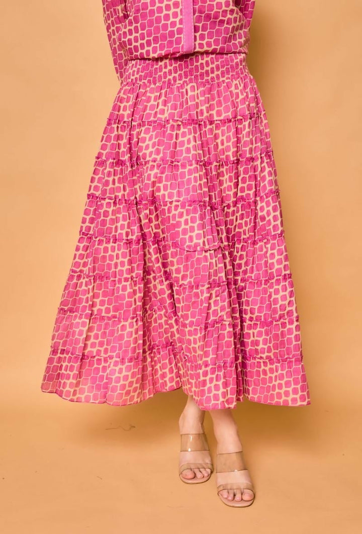 Bohemian long cotton smocked skirt- Pink