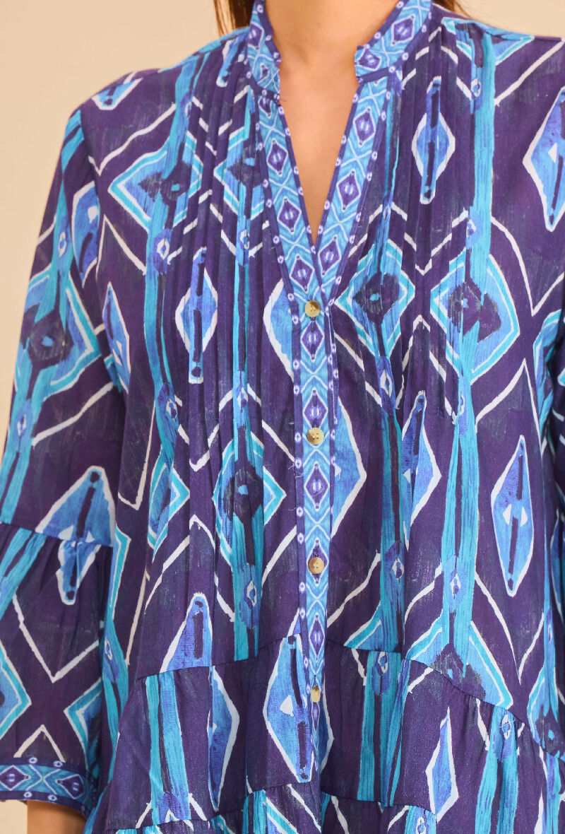 Short A-line dress in printed cotton- Navy