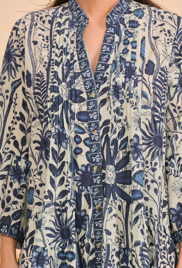 Short A-line dress in printed cotton- Blue