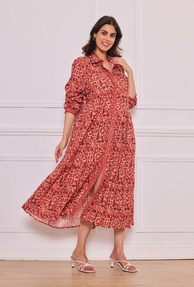 Mid-length cotton shirt dress - Red