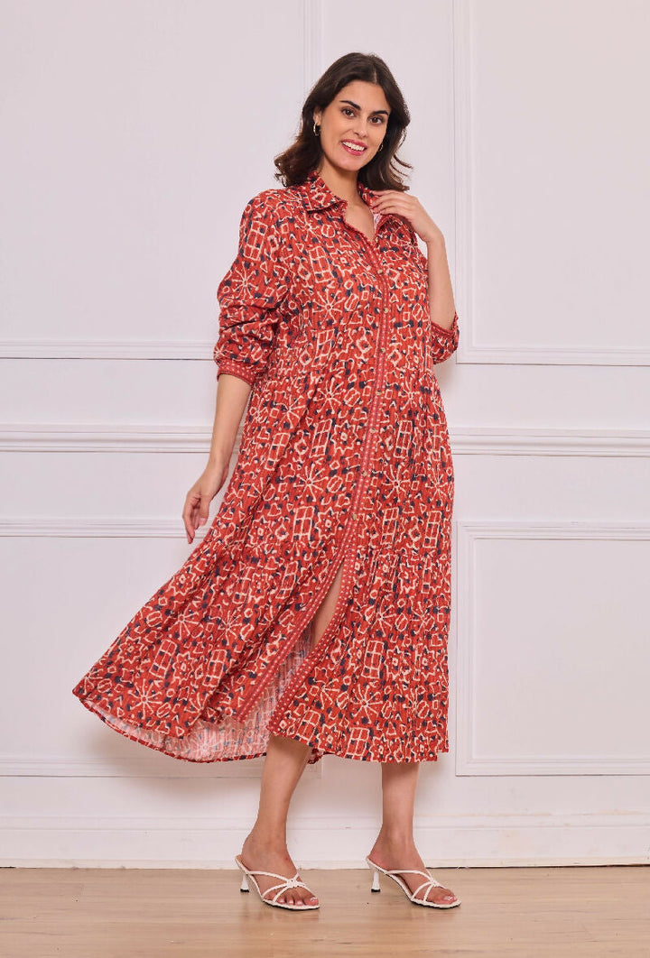Mid-length cotton shirt dress - Red