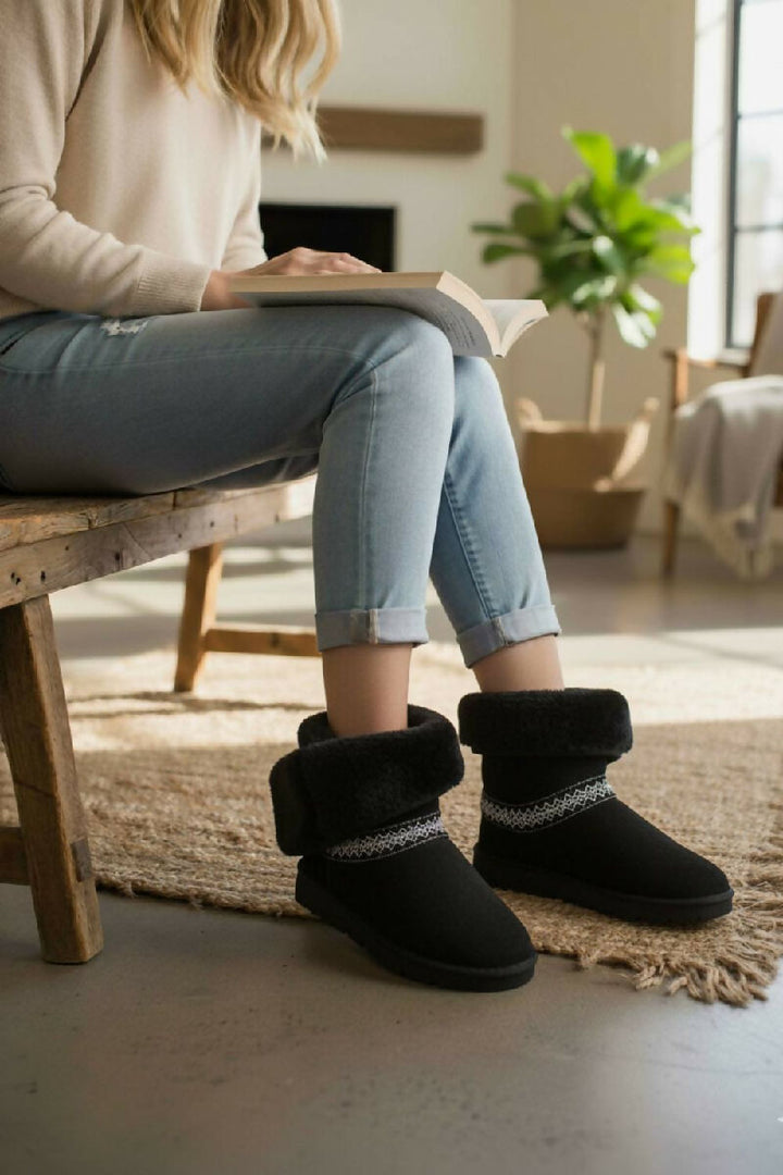 BLACK FOLD OVER EMBROIDED AZTEC DETAIL FULLY FUR LINED BOOT (PACK OF 12 PAIRS UK3-UK8) - jqwholesale.com