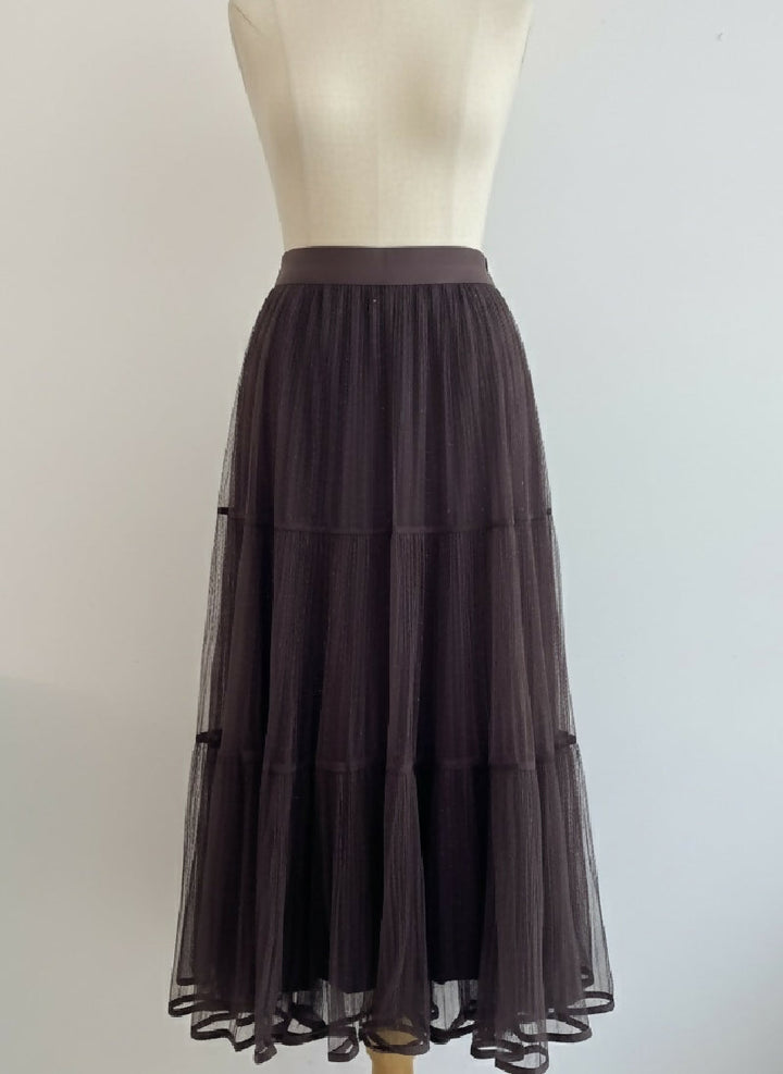 Long reversible skirt in taupe tulle - Brown