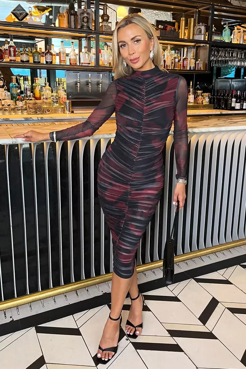 1752772485_Burgundy-And-Black-Smudge-Print-Long-Sleeve-Ruched-Bodycon-Mesh-Midi-Dress-3_800x