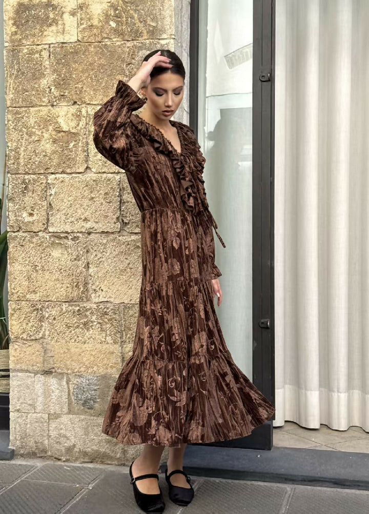 Long Pleated Velvet Ruffle Dress