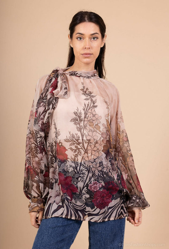 Floral Print Chiffon Blouse with Bow