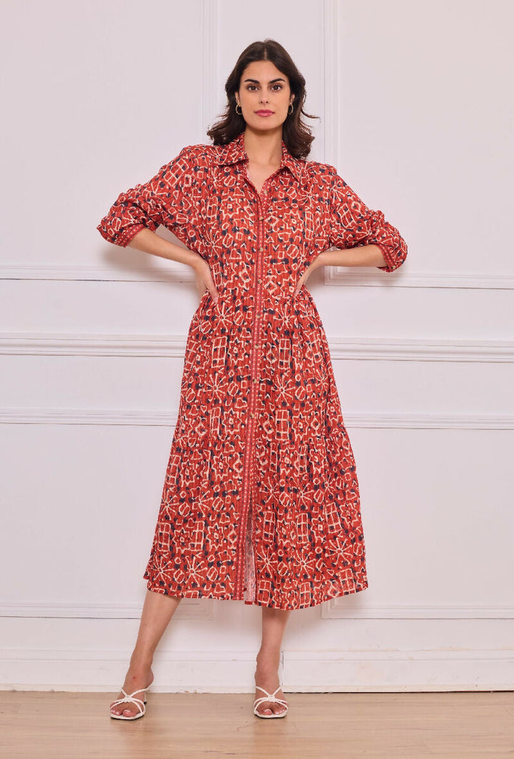Mid-length cotton shirt dress - Red