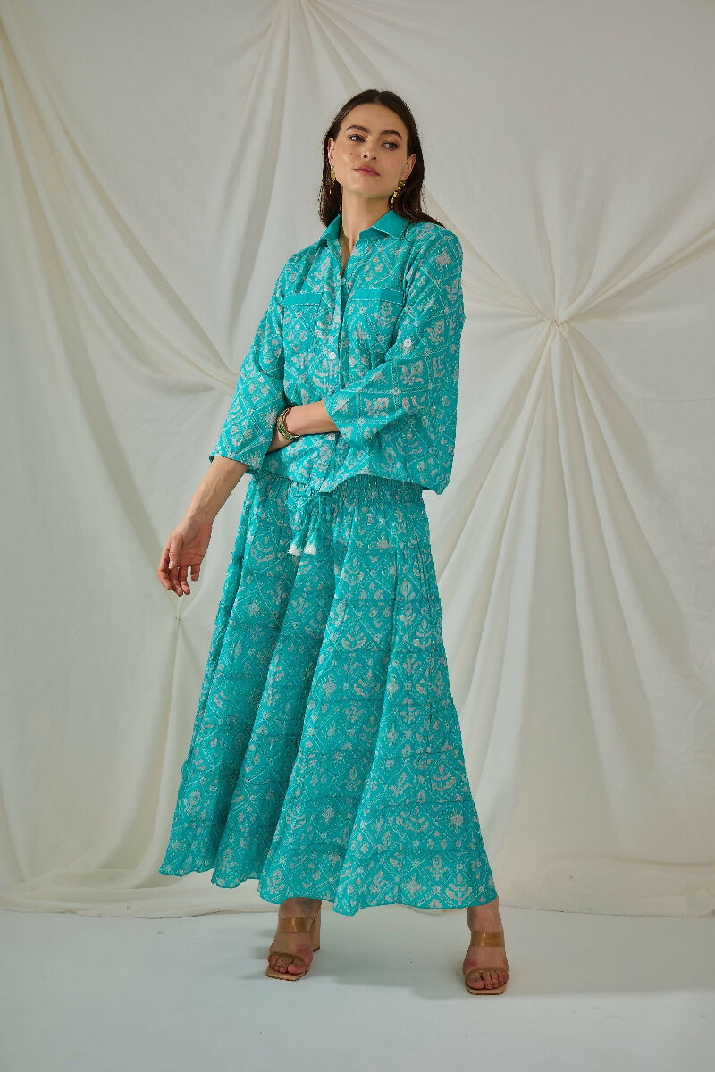 Bohemian long cotton smocked skirt- Turquoise