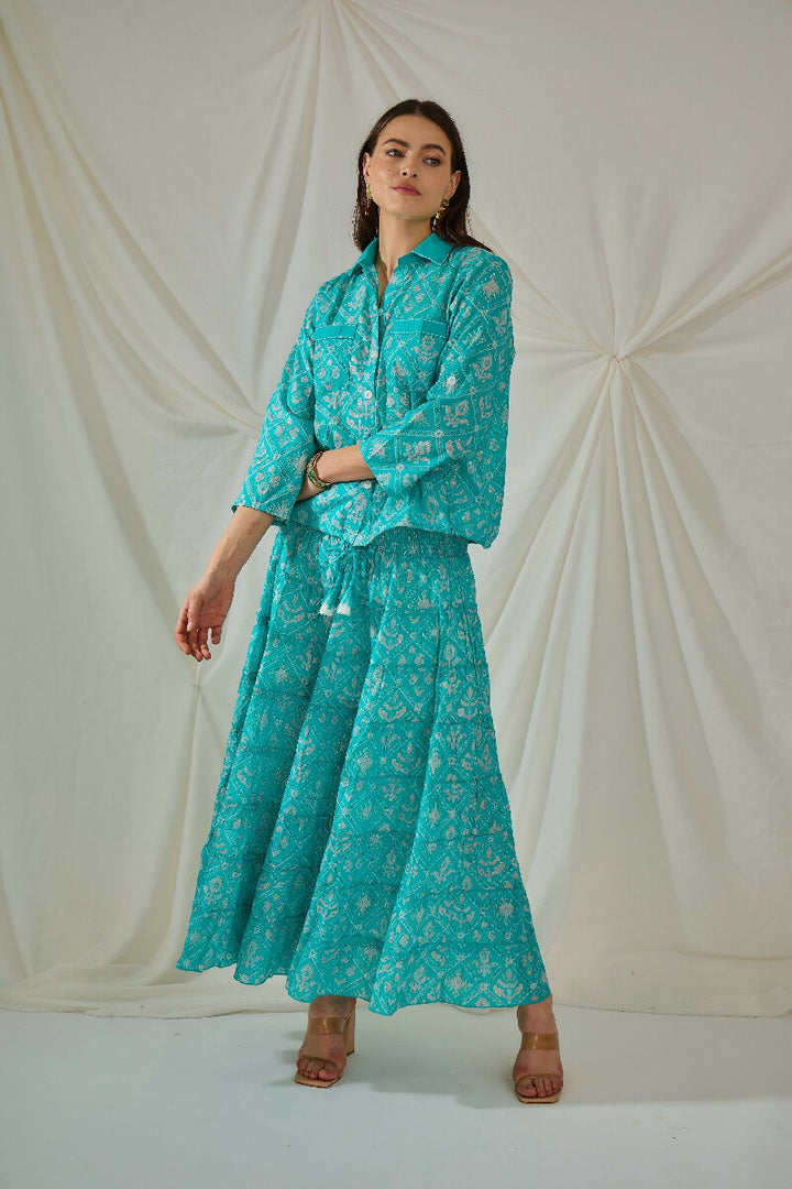 Bohemian long cotton smocked skirt- Turquoise